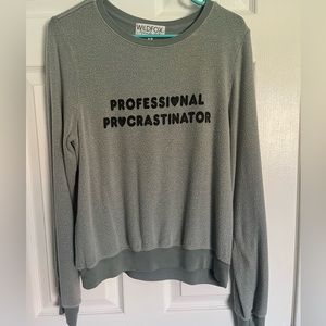 ‘Professional Procrastinator’ lightweight sweater, blue gray, sz S